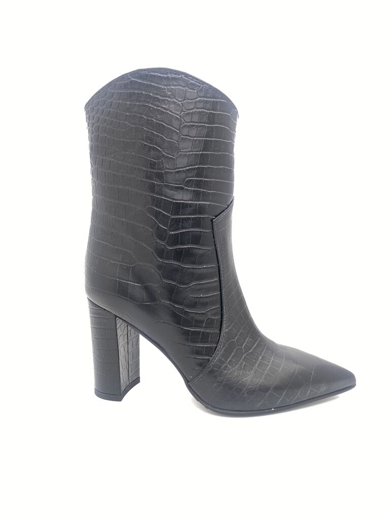 Black Croc-Effect High Boots with Block Heel