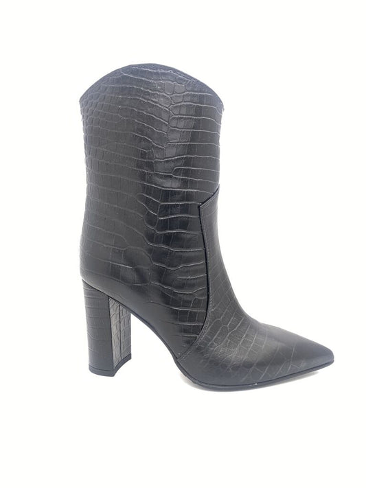 Black Croc-Effect High Boots with Block Heel