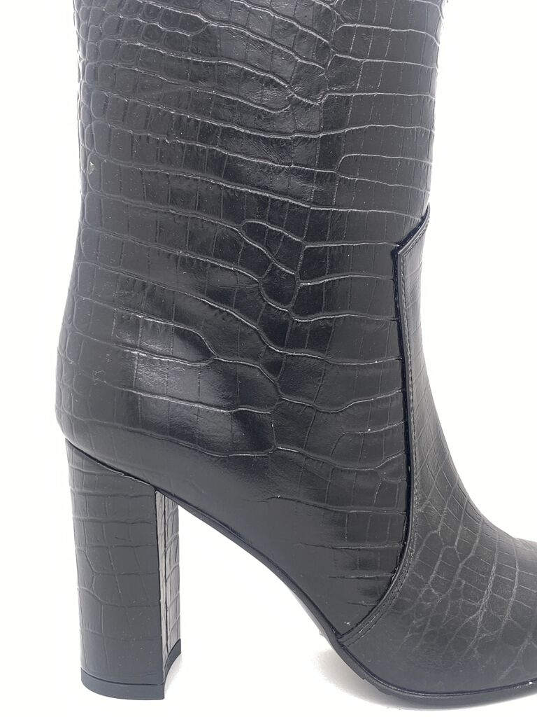 Black Croc-Effect High Boots with Block Heel