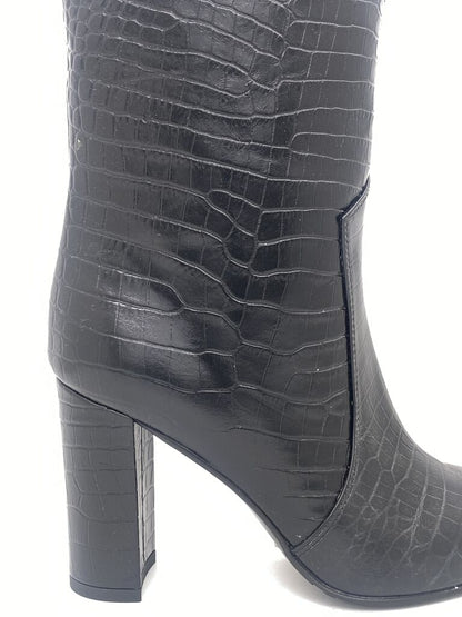 Black Croc-Effect High Boots with Block Heel