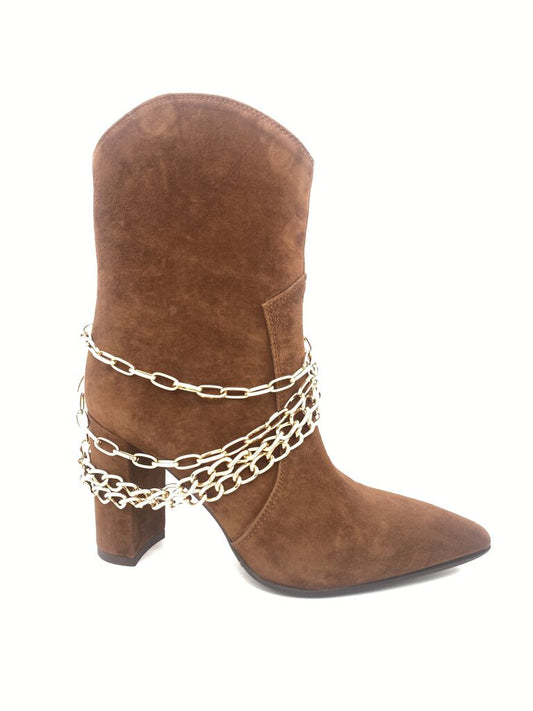 Brown Suede Boots with Chain Accent
