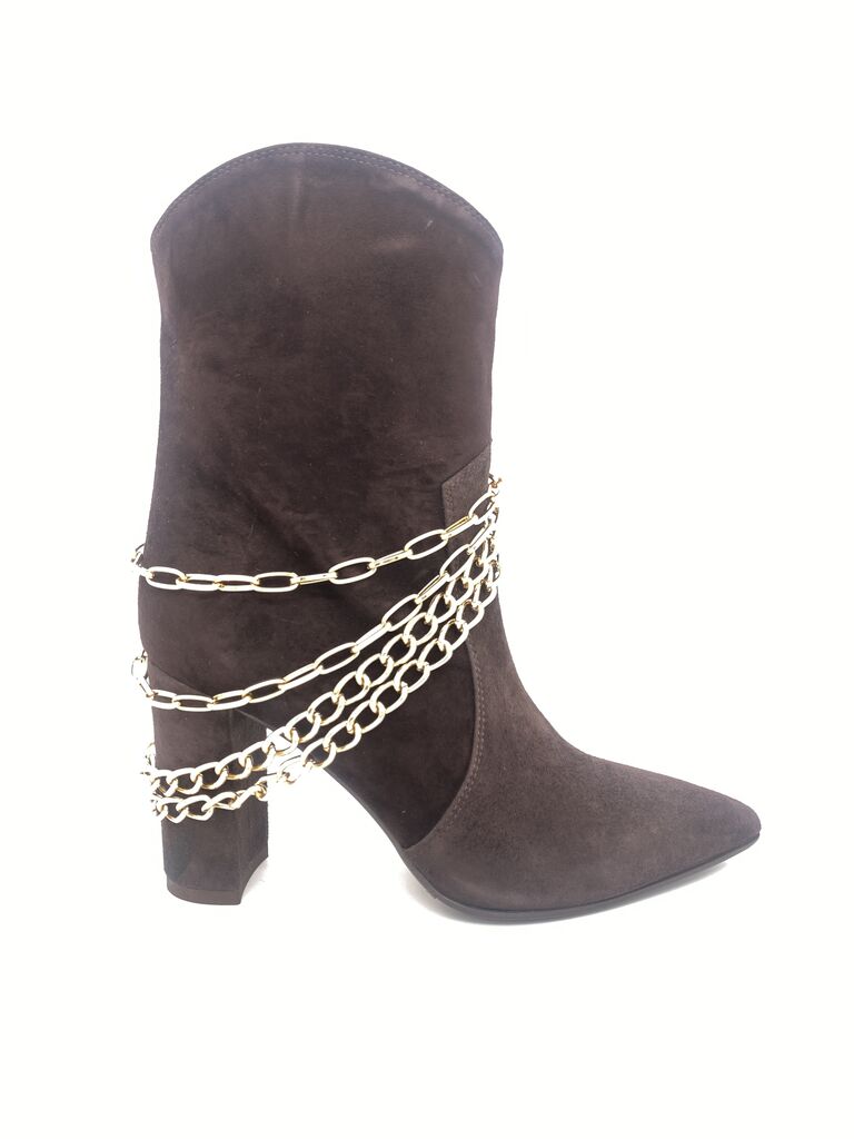 Dark Suede Ankle Boot with Chain Detail