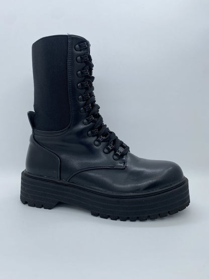 Black Platform Combat Boot with Hook Eyelets