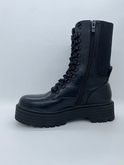 Black Platform Combat Boot with Hook Eyelets