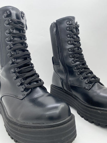 Black Platform Combat Boot with Hook Eyelets