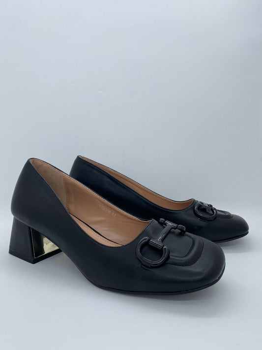 Black Structured Heel Loafers with Metallic Accent