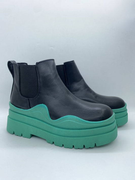 Black Platform Ankle Boots with Green Sole