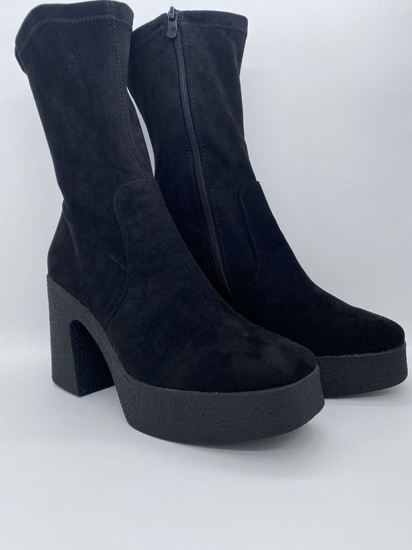 Black Suede Platform Ankle Boots with Chunky Heel
