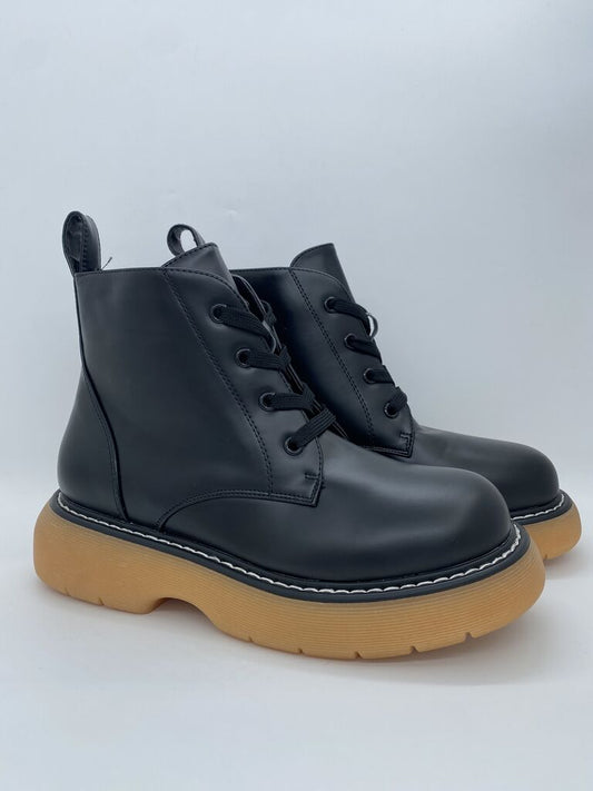 Black Leather Lace-Up Boots with Chunky Sole