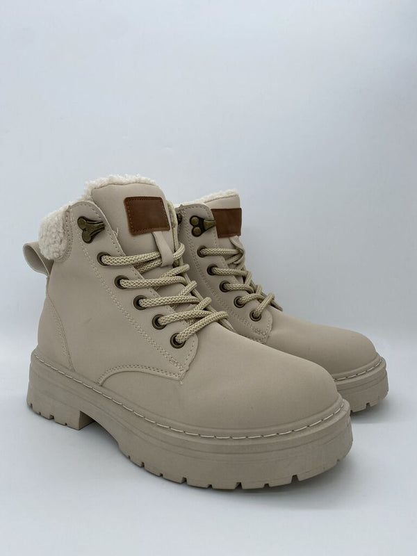 Beige Faux Leather Ankle Boots with Plush Lining