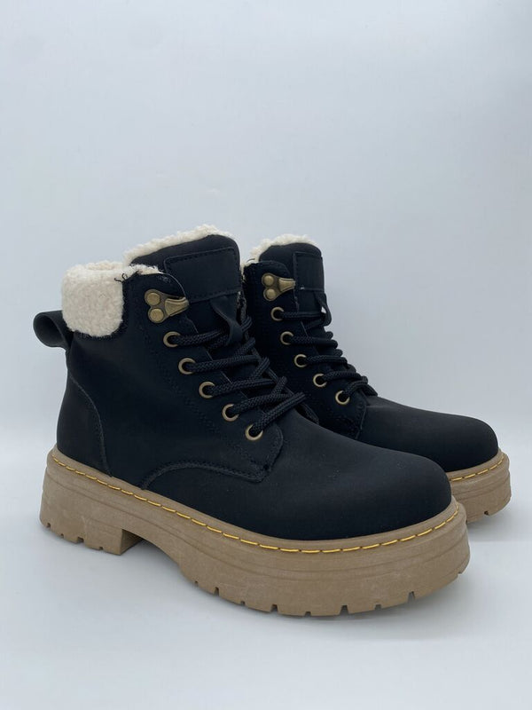 Black Faux Fur-Lined Boots with Lug Sole