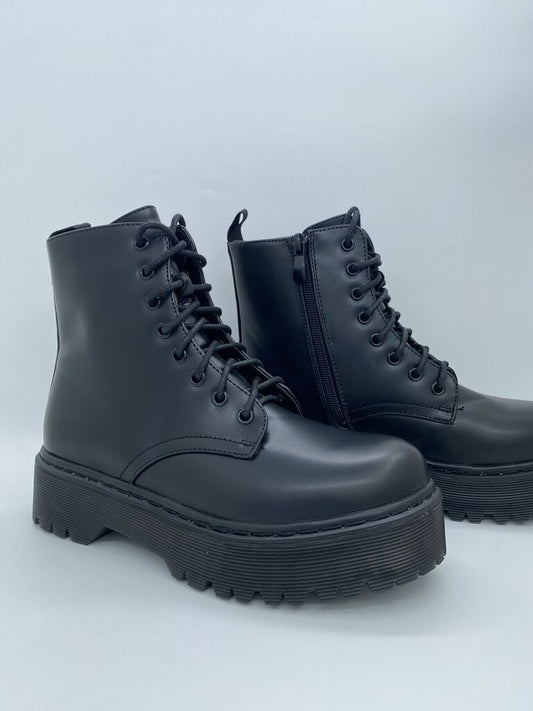 Black Lace-Up Ankle Boots with Chunky Sole