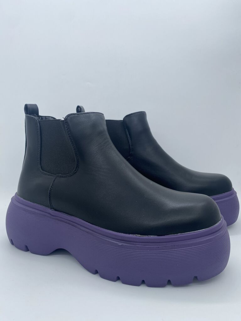 Black Leather Ankle Boots with Purple Platform