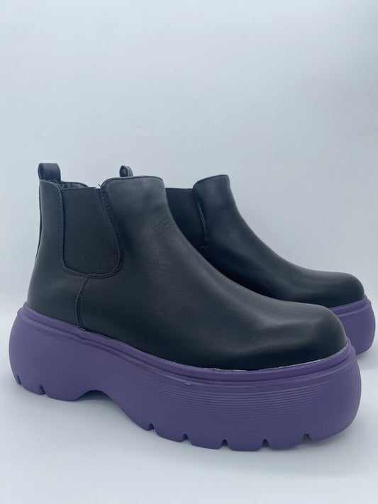 Black Leather Ankle Boots with Purple Platform