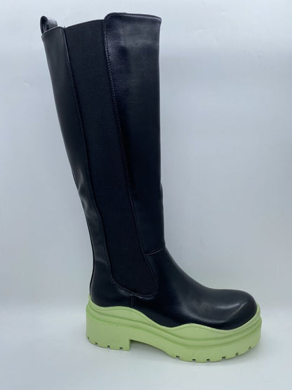 Black Tall Boot with Neon Green Platform Sole