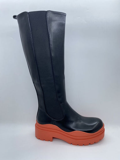 Black Leather Knee-High Boots with Orange Sole