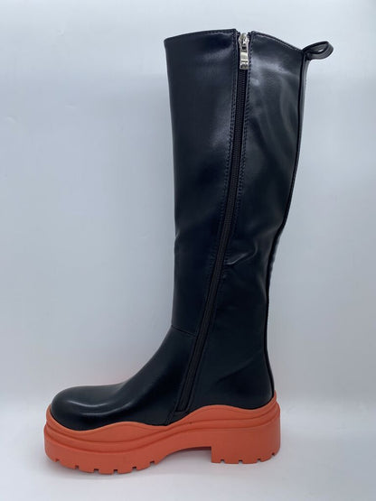 Black Leather Knee-High Boots with Orange Sole