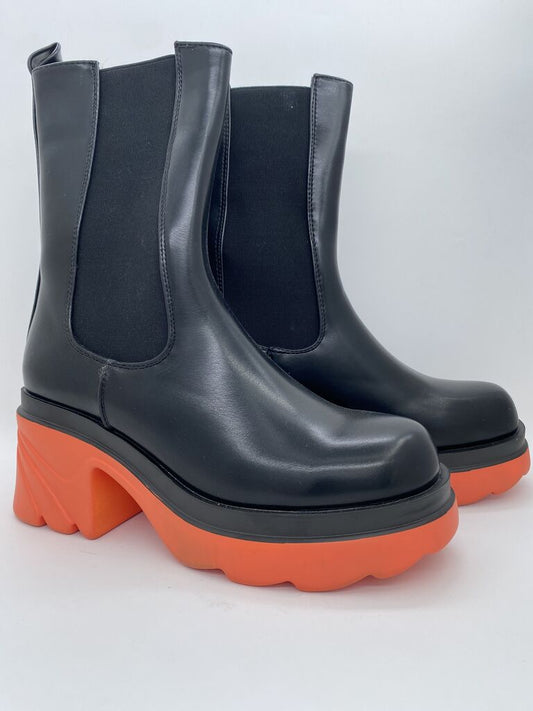 Black Leather Boots with Bold Orange Sole