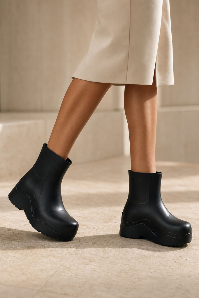 Black Rubber Ankle Boots with Chunky Sole
