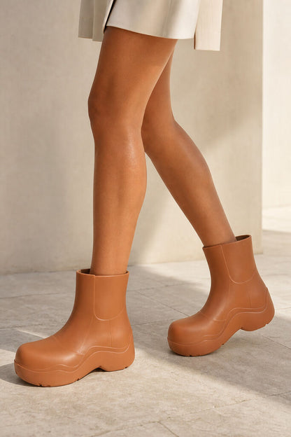 Tan Rubber Ankle Boots with Chunky Sole