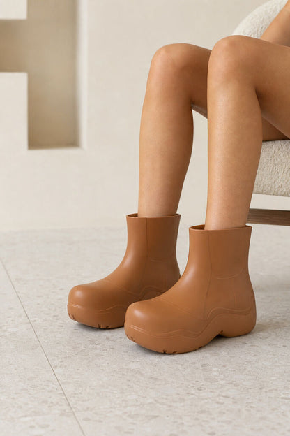 Tan Rubber Ankle Boots with Chunky Sole