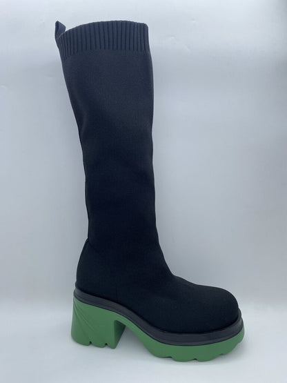 Black Knit Knee-High Boot with Chunky Green Sole