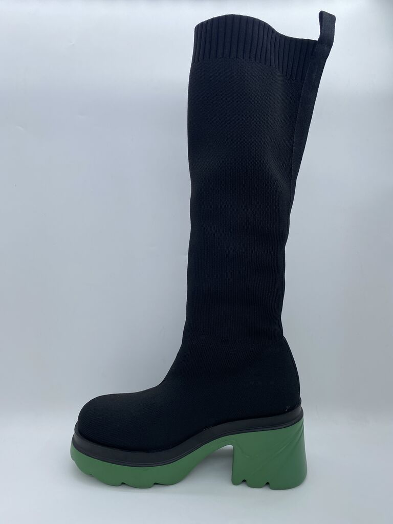 Black Knit Knee-High Boot with Chunky Green Sole