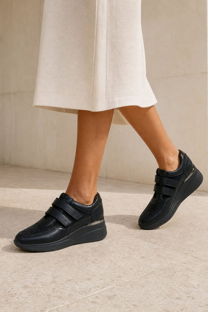 Black Textured Sneakers with Velcro Closure