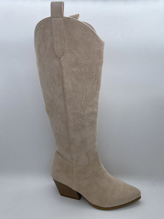 Beige Suede Western Boots with Stitch Detailing