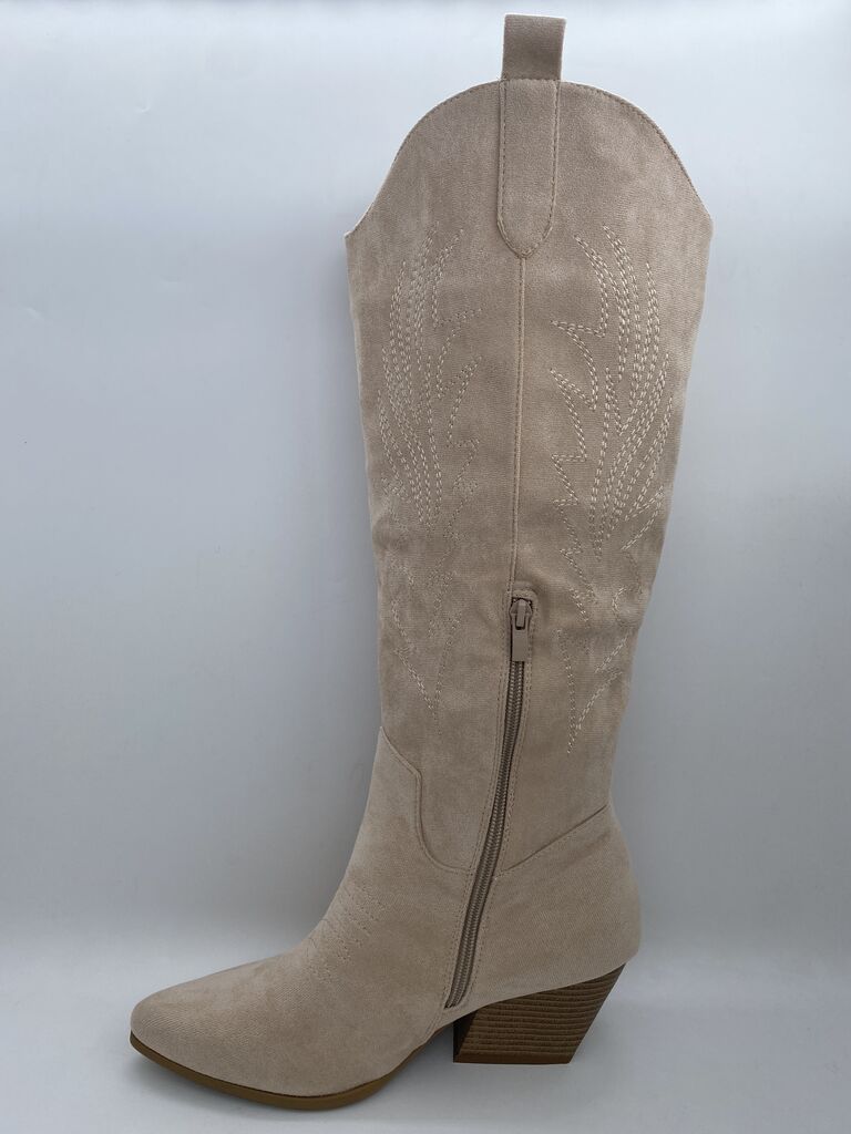 Beige Suede Western Boots with Stitch Detailing