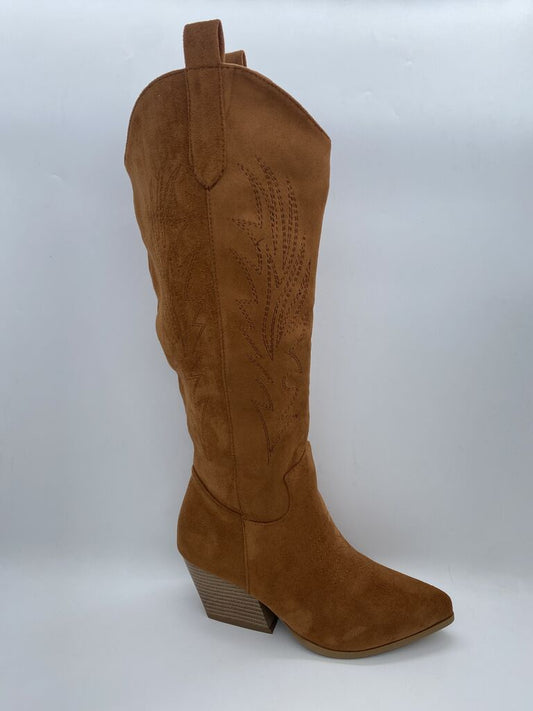 Tan Suede Western Boots with Embroidered Detail