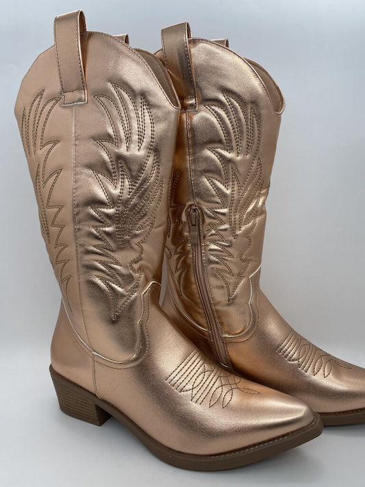 Rose Gold Faux Leather Cowboy Boots with Embroidered Detail