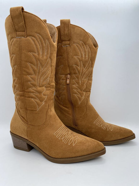Tan Suede Western Boots with Embroidered Detail