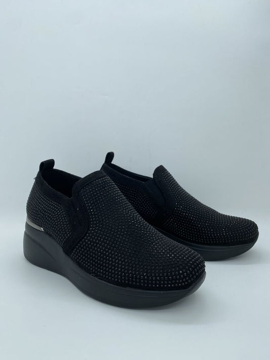 Black Textured Slip-On Sneakers with Low Wedge