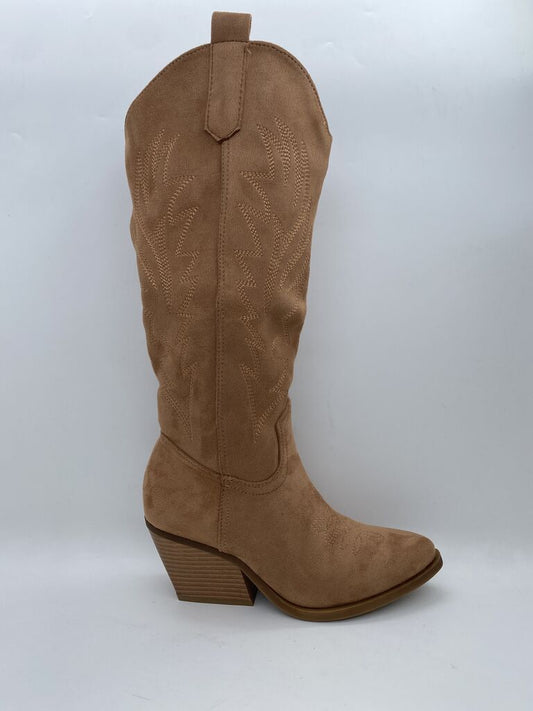 Tan Suede Western-Style Boot with Embroidered Detail