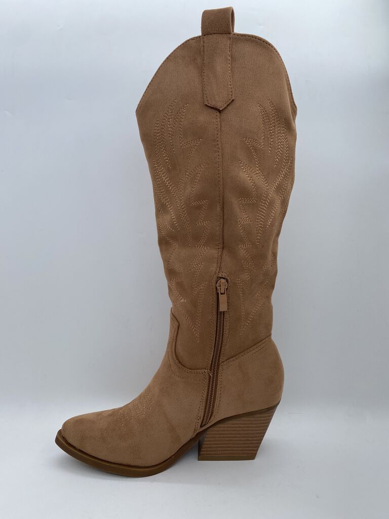 Tan Suede Western-Style Boot with Embroidered Detail