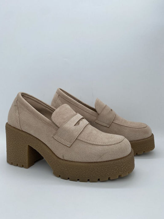 Beige Suede Chunky Heel Loafers with Lug Sole