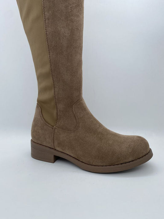 Taupe Suede Over the Knee Boot with Low Heel