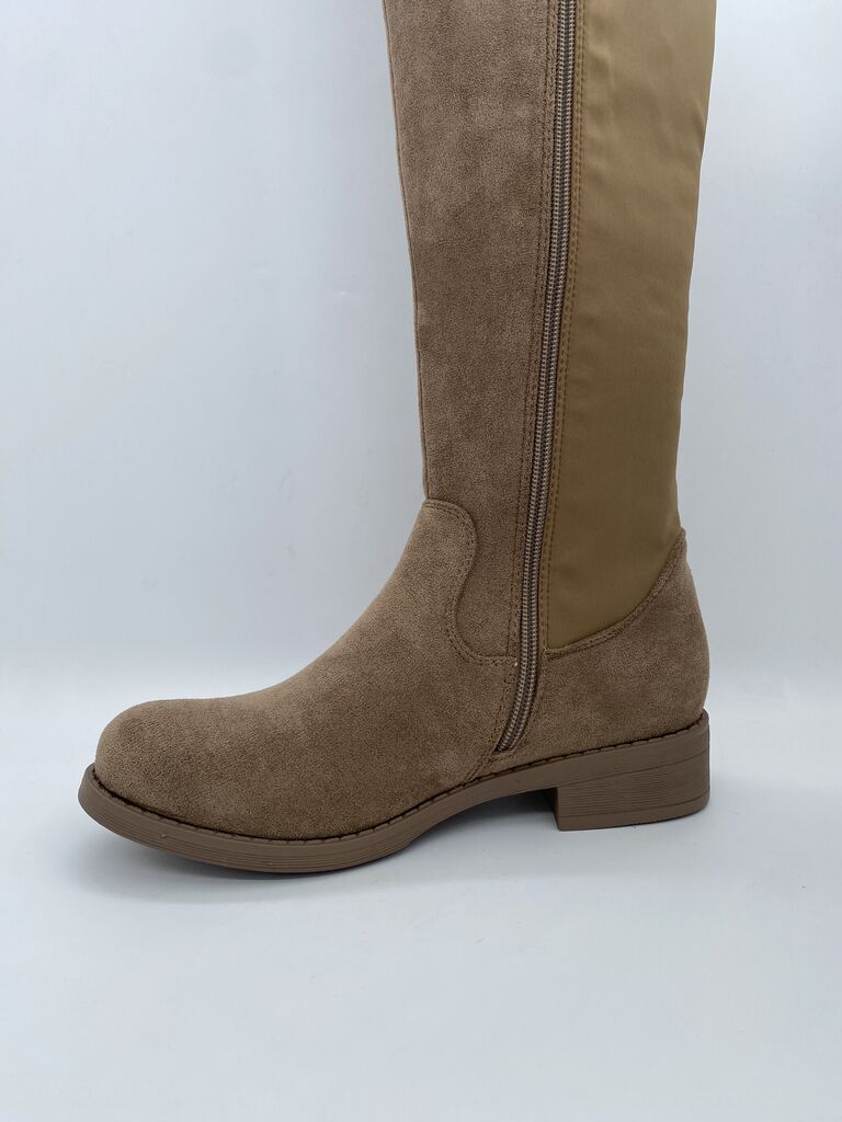 Taupe Suede Over the Knee Boot with Low Heel