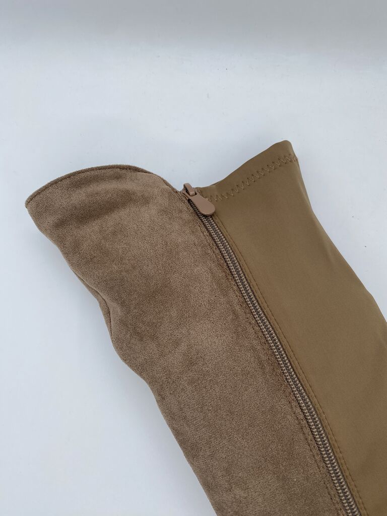 Taupe Suede Over the Knee Boot with Low Heel