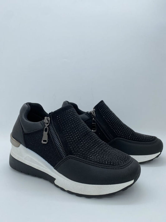 Black Textured Slip-On Sneakers with Zipper Detail