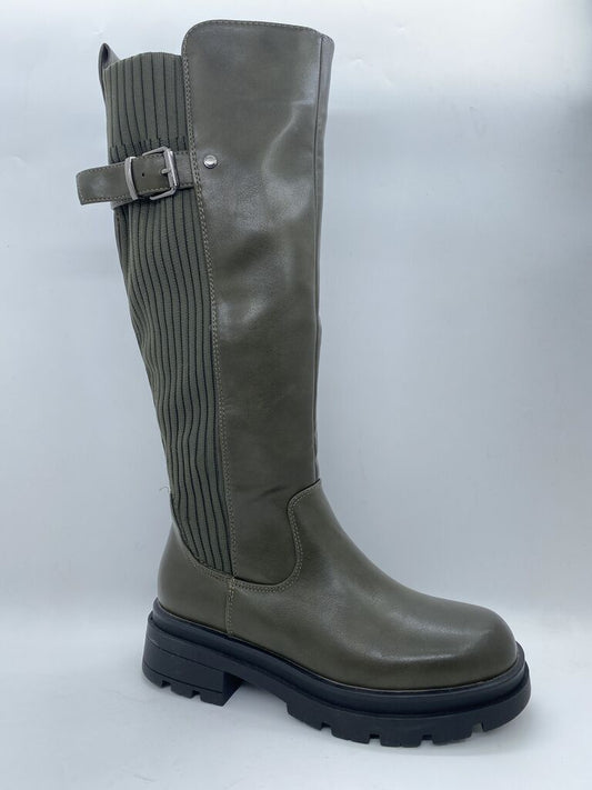 Olive Textured Tall Boot with Elastic Panel