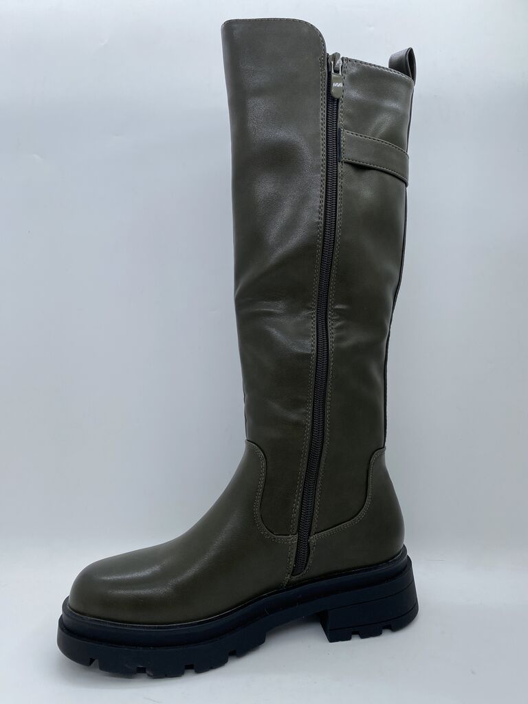 Olive Textured Tall Boot with Elastic Panel