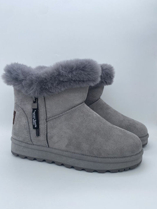 Gray Faux Fur Ankle Boots with Side Zipper