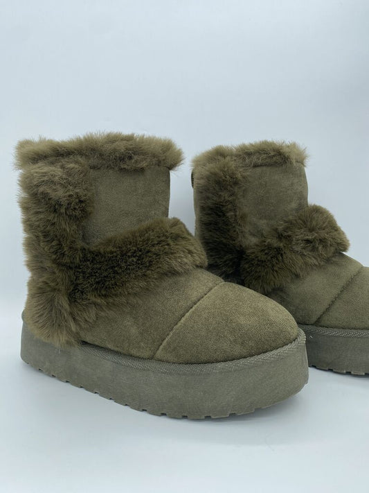 Olive Suede Faux Fur Platform Ankle Boots