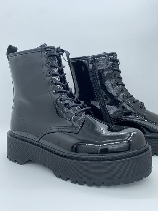 Black Glossy Platform Ankle Boots