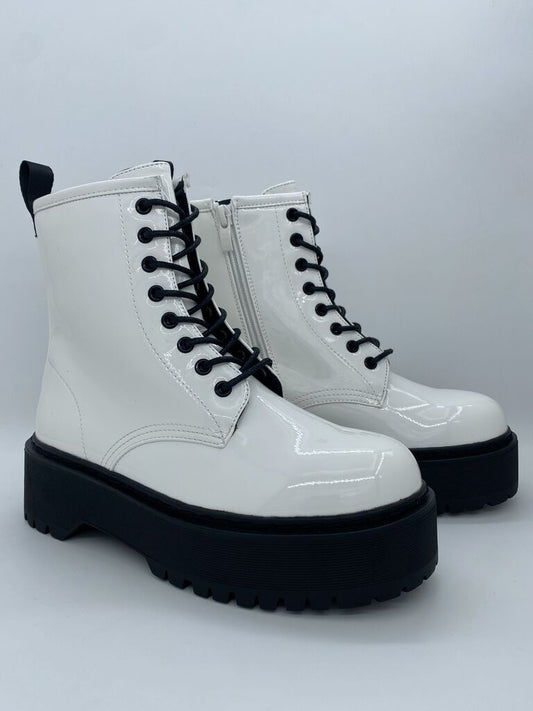 White Glossy Combat Boots with Chunky Sole