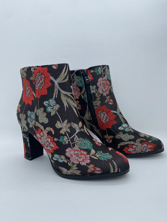 Floral Textile Ankle Boots with Block Heel