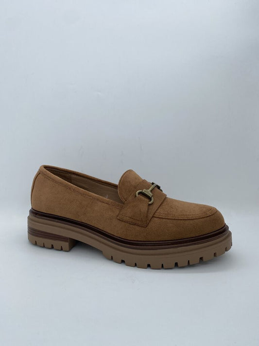 Tan Suede Loafer with Gold Buckle Detail