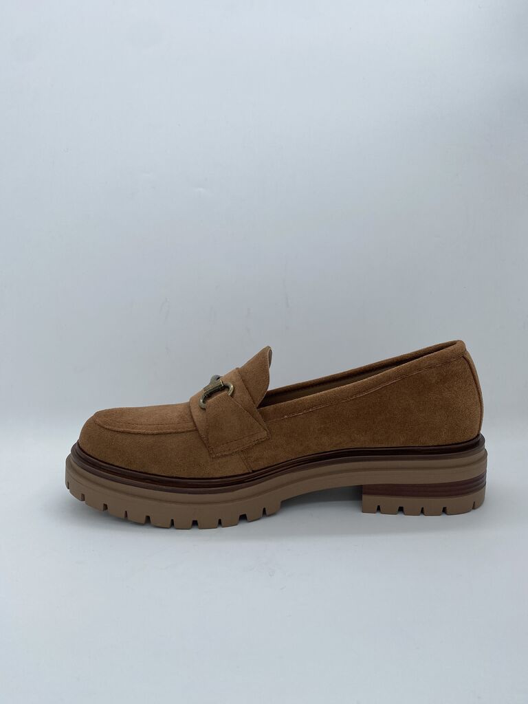 Tan Suede Loafer with Gold Buckle Detail